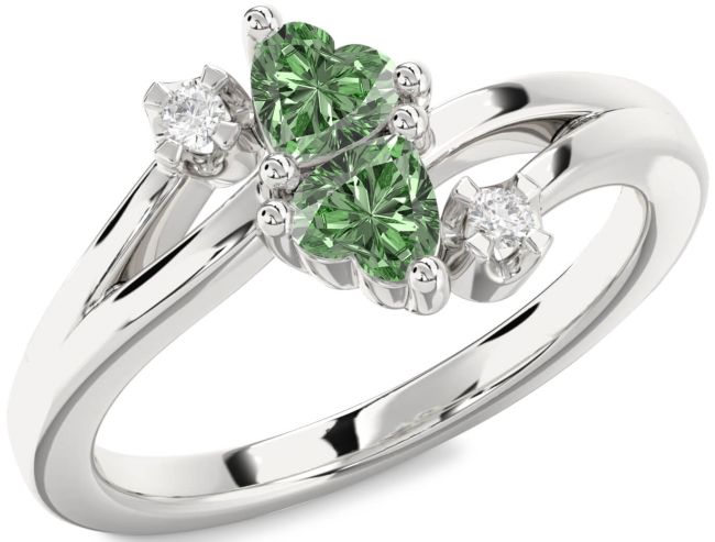 Green Diamond Silver Two Heart Ring