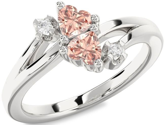 Diamond Morganite Silver Two Heart Ring