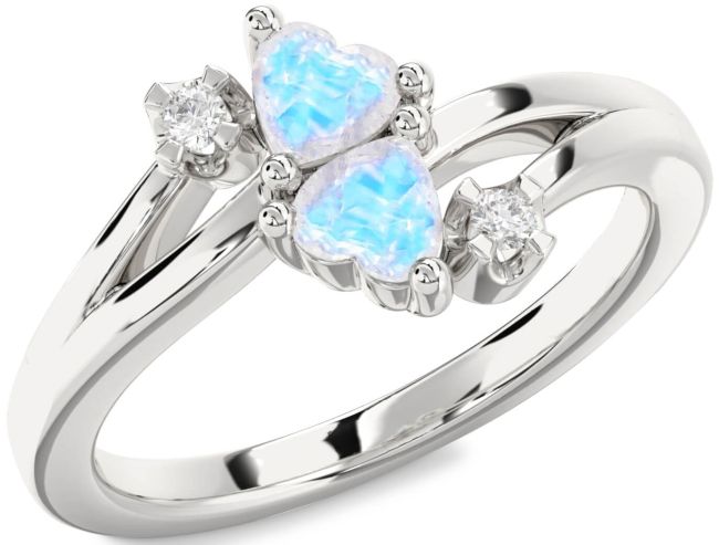 Diamond Moonstone Silver Two Heart Ring
