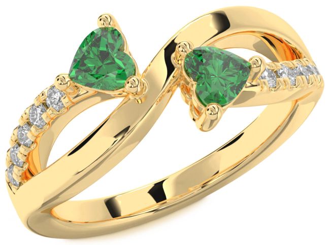 Diamond Emerald Gold Silver Two Heart Birthstone Ring