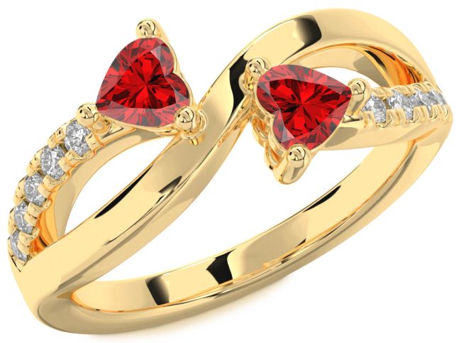 Diamond Ruby Gold Two Heart Birthstone Ring
