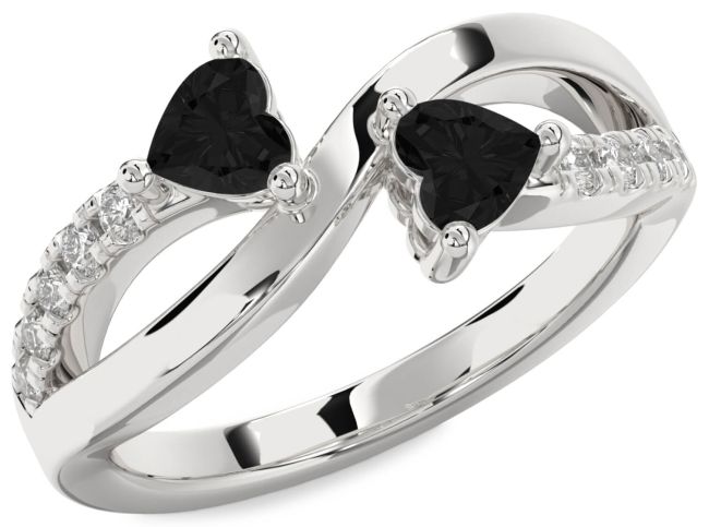 Black Diamond Silver Two Heart Ring