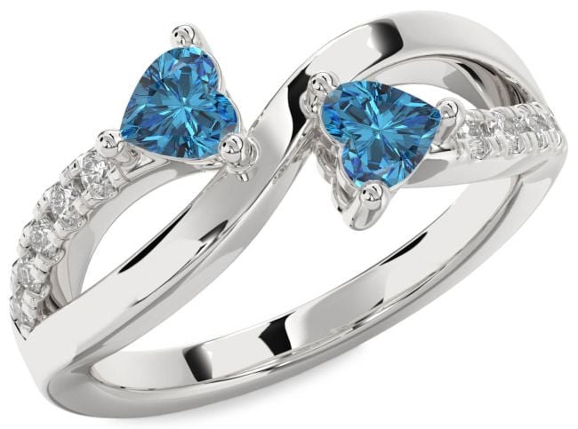 Blue Diamond Silver Two Heart Ring