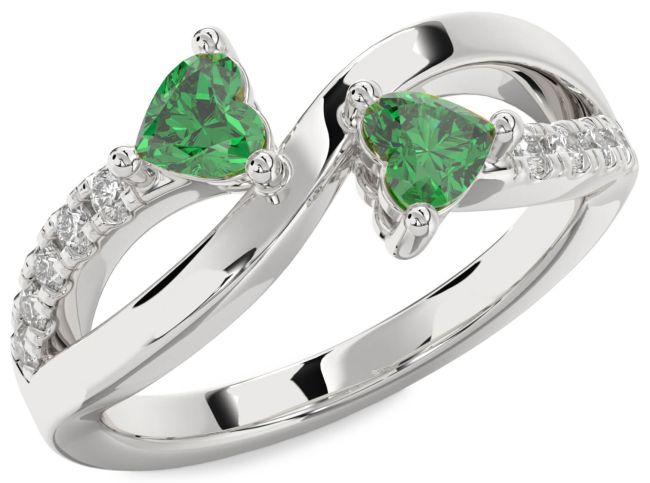 Diamond Emerald Silver Two Heart Birthstone Ring