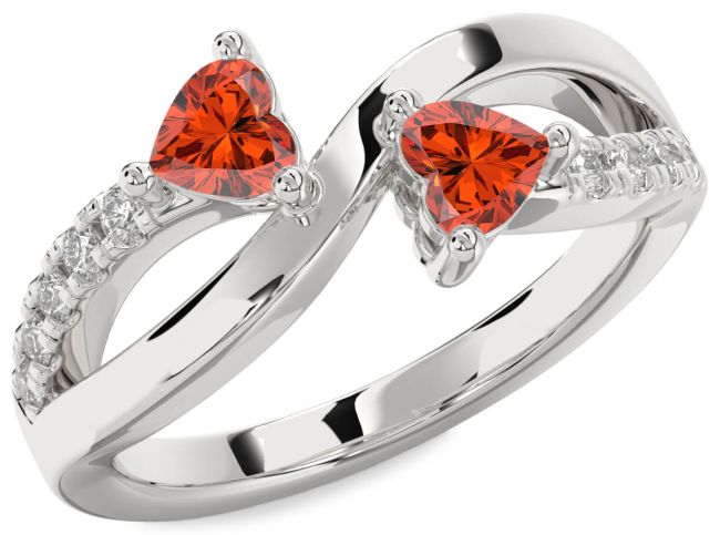 Diamond Fire Opal Silver Two Heart Ring