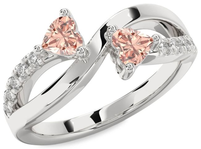 Diamond Morganite Silver Two Heart Ring