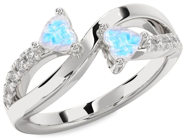 Diamond Moonstone Silver Two Heart Ring