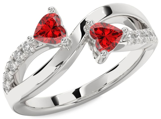 Diamond Ruby Silver Two Heart Birthstone Ring