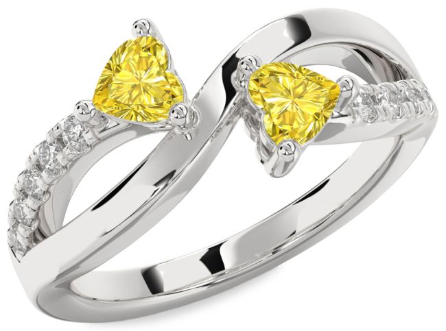 Yellow Diamond Silver Two Heart Ring