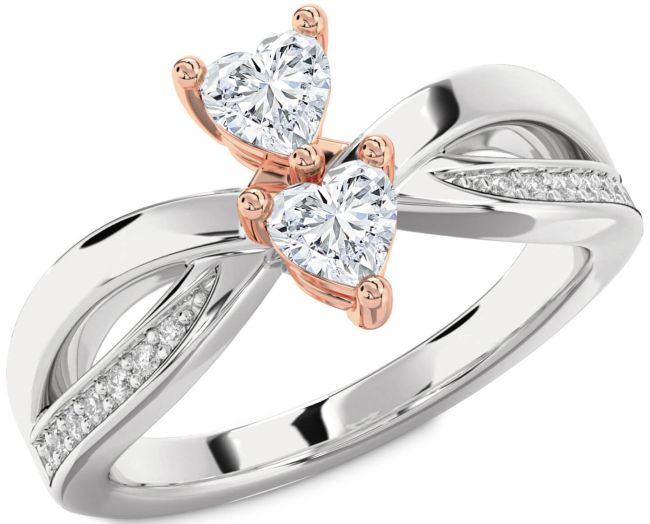 Diamond Rose Gold Silver Two Heart Ring