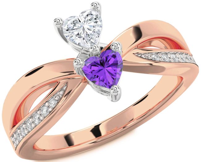 Diamond Rose Gold Silver Two Heart Promise Ring