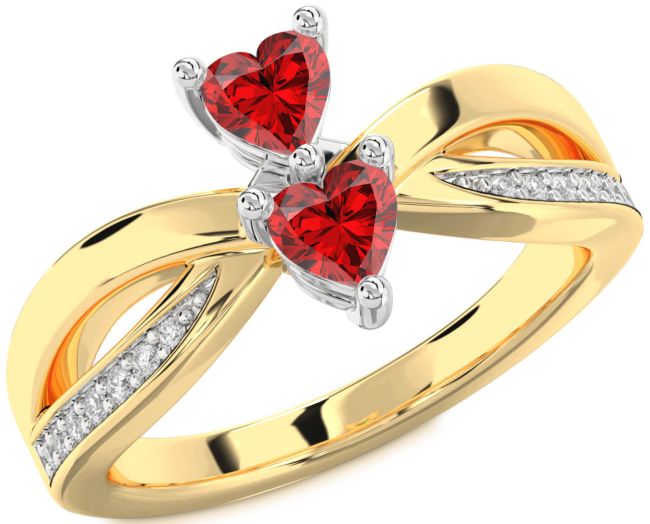 Diamond Ruby Gold Silver Two Heart Birthstone Ring
