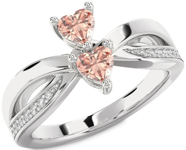 Diamond Morganite Silver Two Heart Ring