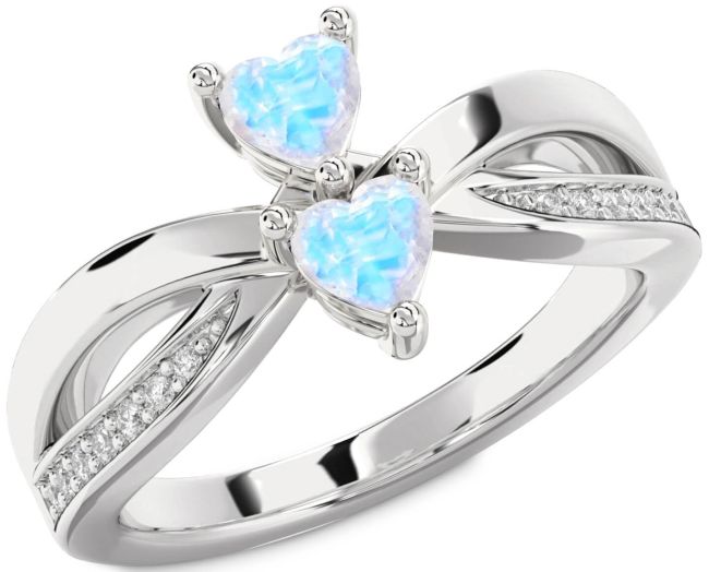Diamond Moonstone Silver Two Heart Ring