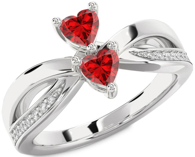 Diamond Ruby Silver Two Heart Birthstone Ring