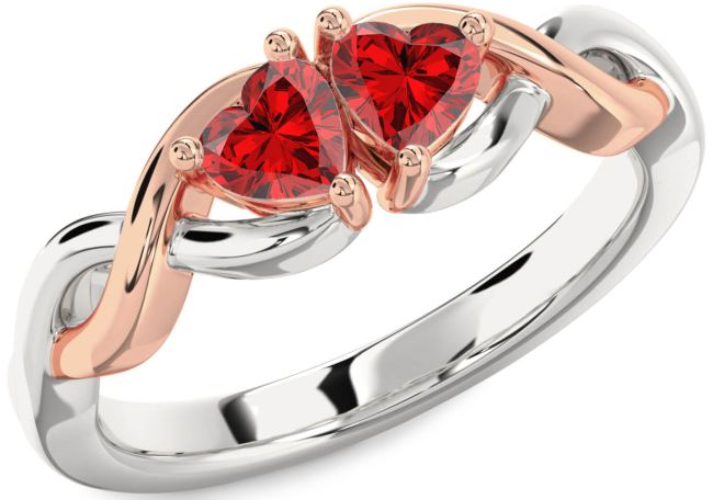 Ruby Rose Gold Silver Infinity Two Heart Birthstone Ring