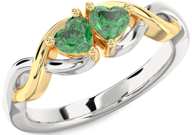 Emerald Gold Silver Infinity Two Heart Birthstone Ring