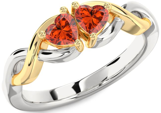 Fire Opal Gold Silver Infinity Two Heart Ring