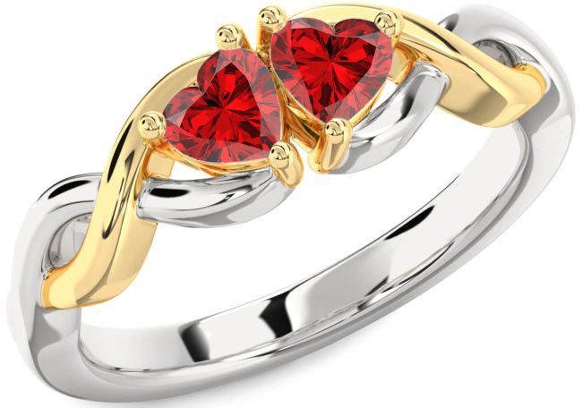 Ruby Gold Silver Infinity Two Heart Birthstone Ring