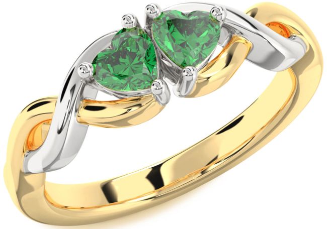 Emerald Gold Silver Infinity Two Heart Birthstone Ring