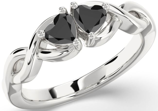 Black Onyx Silver Infinity Two Heart Ring