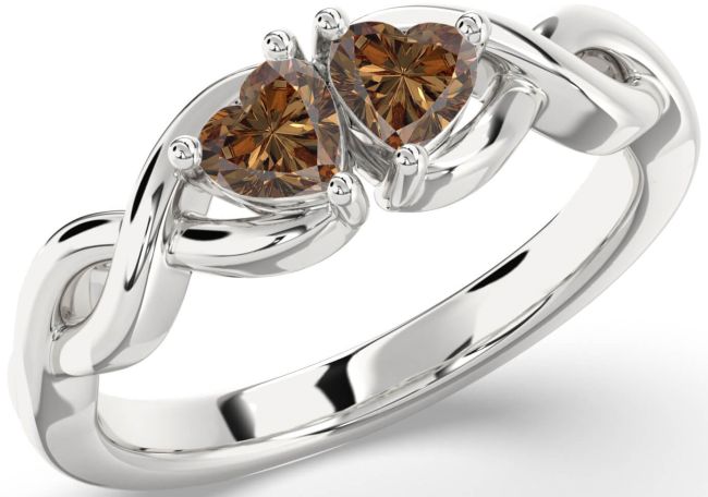 Chocolate Brown Diamond Silver Infinity Two Heart Ring