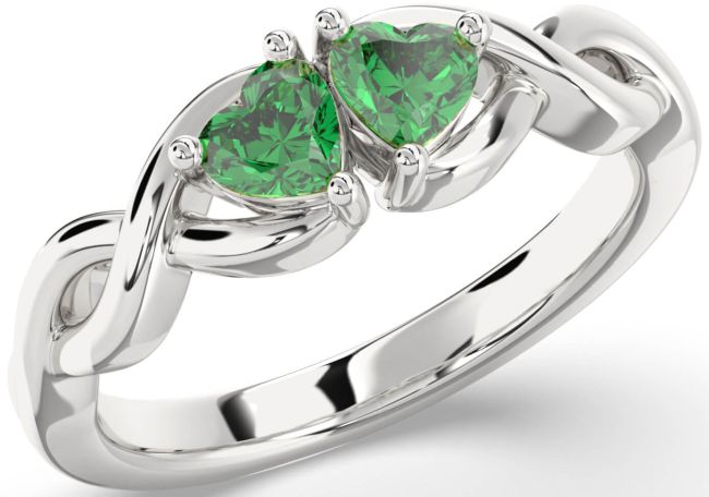 Emerald Silver Infinity Two Heart Birthstone Ring
