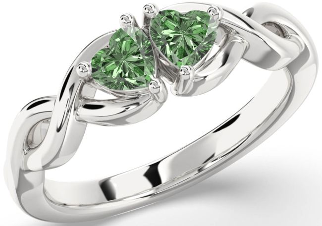 Green Diamond Silver Infinity Two Heart Ring