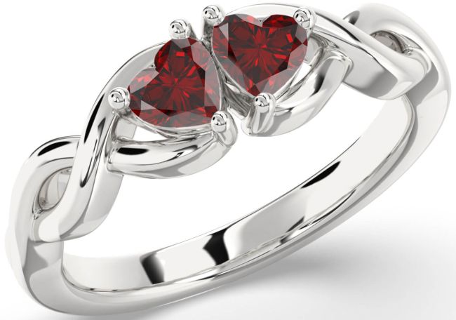Garnet Silver Infinity Two Heart Birthstone Ring