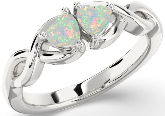 Opal Silver Infinity Two Heart Birthstone Ring