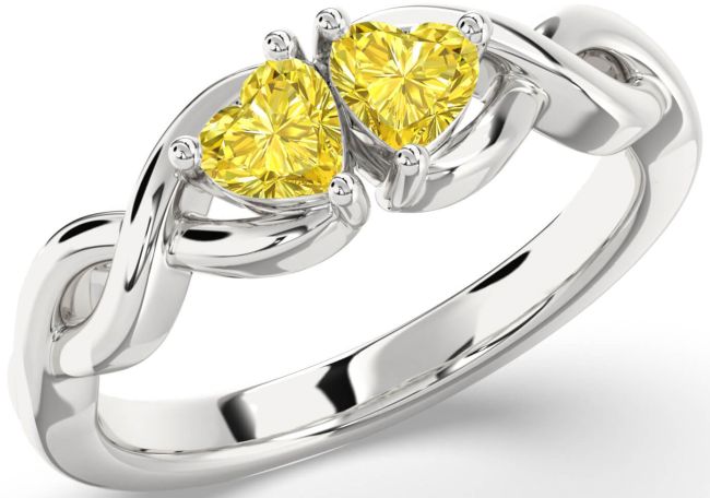 Yellow Diamond Silver Infinity Two Heart Ring
