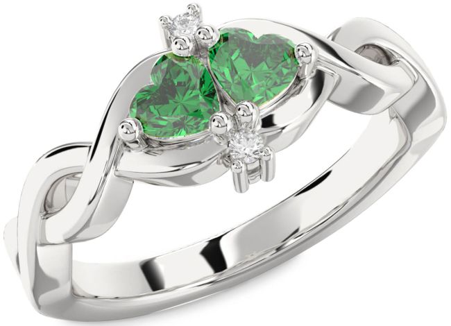 Diamond Emerald Silver Infinity Two Heart Birthstone Ring