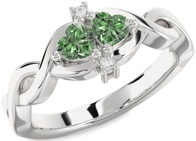 Green Diamond Silver Infinity Two Heart Ring
