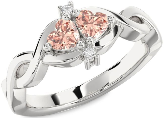 Diamond Morganite Silver Infinity Two Heart Ring