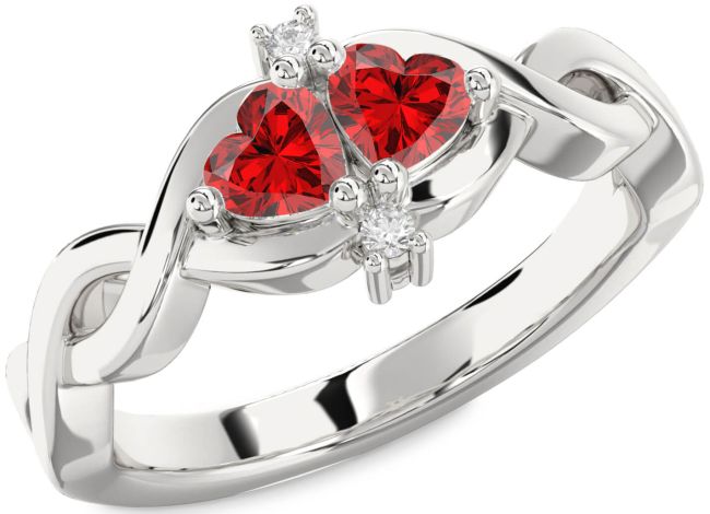 Diamond Ruby Silver Infinity Two Heart Birthstone Ring