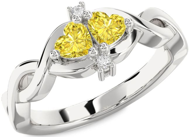 Yellow Diamond Silver Infinity Two Heart Ring