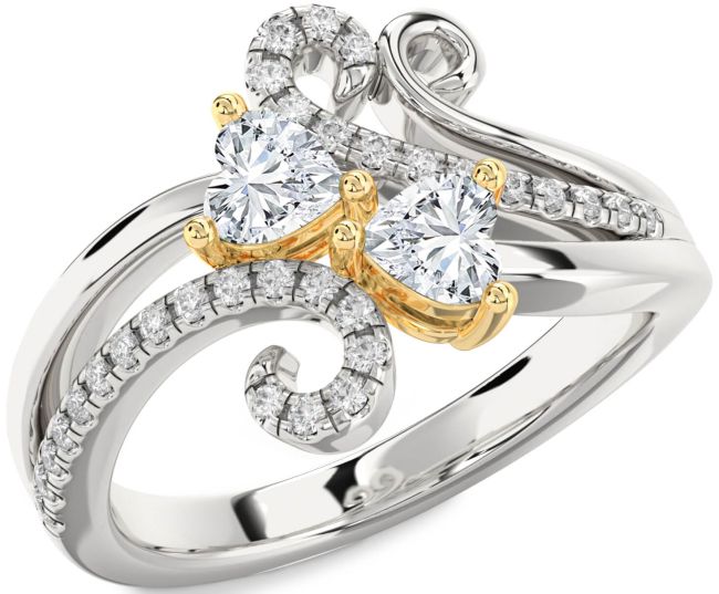 Diamond Silver & 10K gold Two Heart Ring