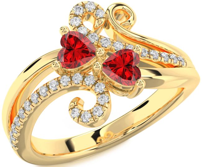 Diamond Ruby Gold Silver Two Heart Birthstone Ring