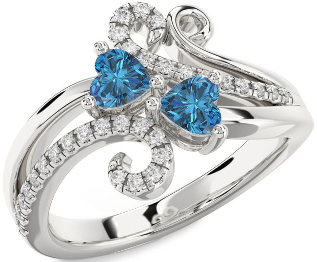 Blue Diamond Silver Two Heart Ring