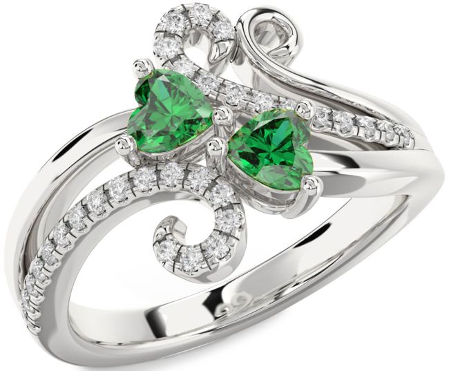 Diamond Emerald Silver Two Heart Birthstone Ring