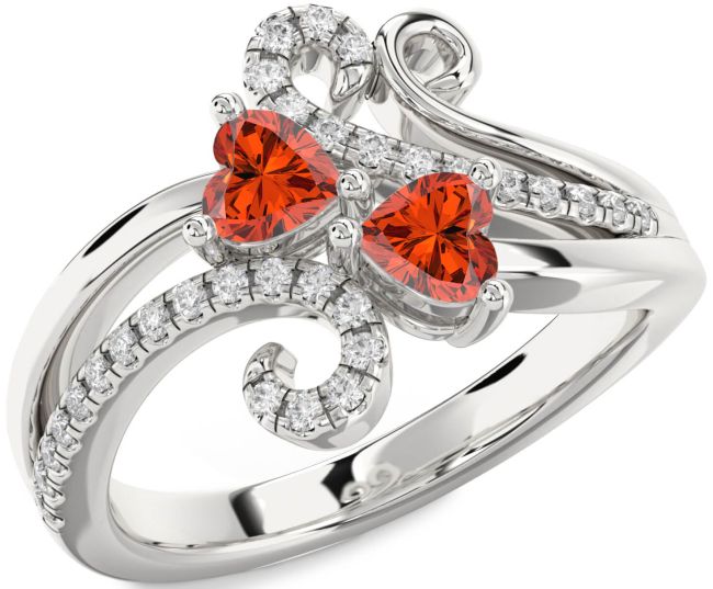 Diamond Fire Opal Silver Two Heart Ring