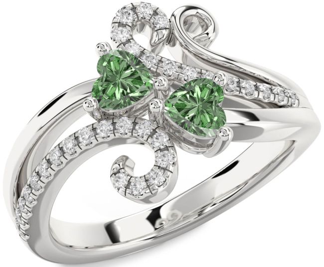 Green Diamond Silver Two Heart Ring