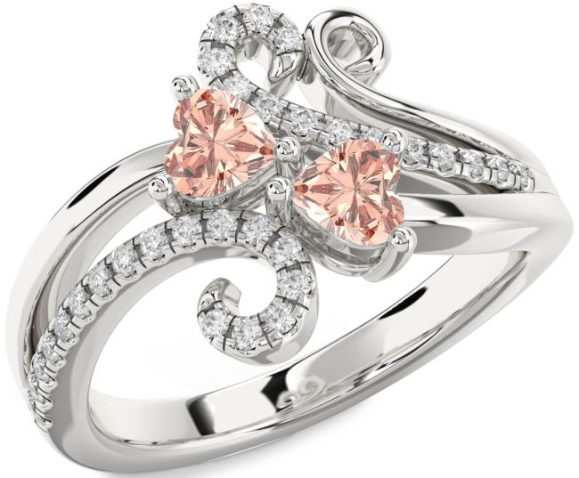 Diamond Morganite Silver Two Heart Ring