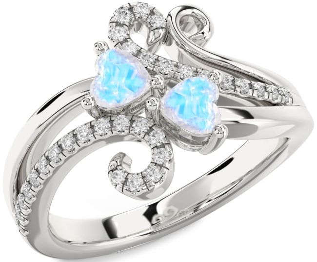 Diamond Moonstone Silver Two Heart Ring