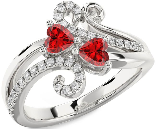 Diamond Ruby Silver Two Heart Birthstone Ring