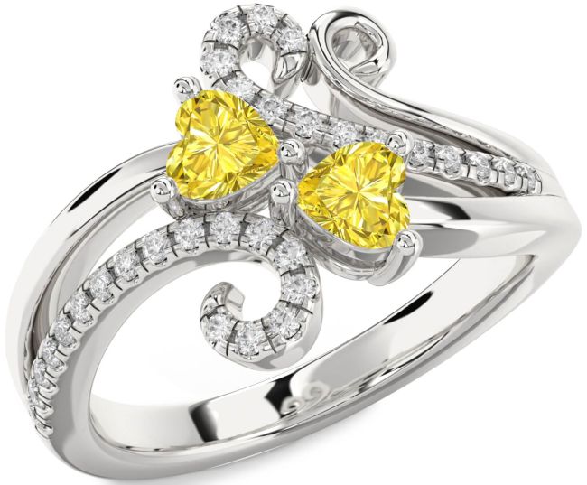 Yellow Diamond Silver Two Heart Ring