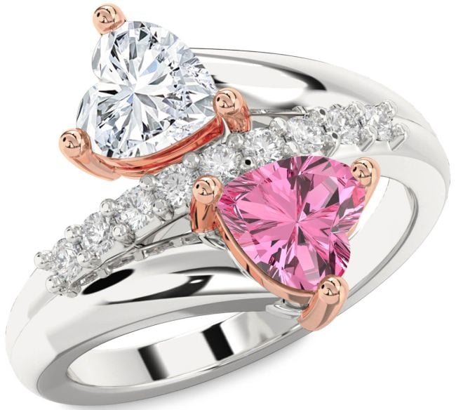 Diamond Rose Gold Silver Two Heart Promise Ring