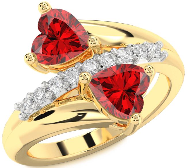 Diamond Ruby Gold Silver Two Heart Birthstone Ring