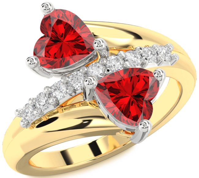 Diamond Ruby Gold Silver Two Heart Birthstone Ring
