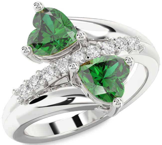 Diamond Emerald Silver Two Heart Birthstone Ring